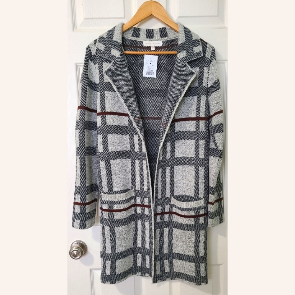 Knit plaid long blazer